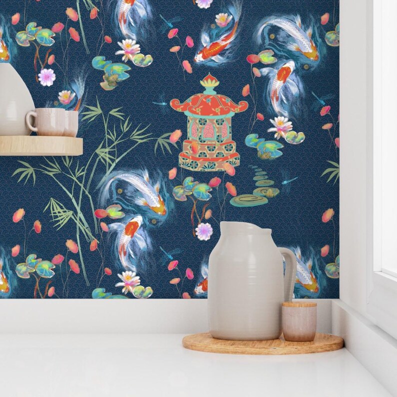 Japanese Wallpaper - Japanese Water Garden Navy By Designed By Debby - Custom Printed Removable Self Adhesive Wallpaper Roll by Spoonflower image 7