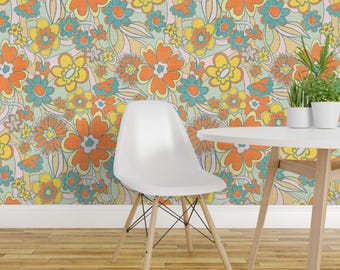 1970s Floral Peel and Stick Wallpaper - Orange Botanical Garden Bloom Meadow - Removable Wall Decor Art - Retro Floral Orange by krystinmann