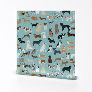 Dogs Wallpaper - Light Blue Lots Of Breeds Dog Breed By Petfriendly - Custom Printed Removable Self Adhesive Wallpaper Roll by Spoonflower