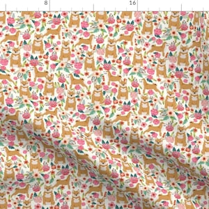 Red Sesame Dog Fabric - Shiba Inu Tan Pink Florals Flowers  By Petfriendly - Red Shiba Inu Puppy Cotton Fabric by the Yard with Spoonflower