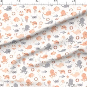 Whimsical Coastal Extra Wide Sateen Fabric- Baby Ocean Animals by trilbyworks - Nautical Coral Orange Gray Fabric By The Yard by Spoonflower