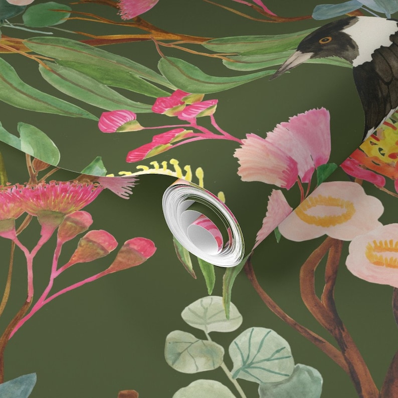 Tropical Botanical Wallpaper Australian Bird and Blooms by Etsy