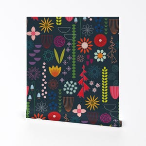 Garden Wallpaper - Save The Bees! By Katerhees - Navy Red Yellow Bright Flowers Geo Removable Self Adhesive Wallpaper Roll by Spoonflower