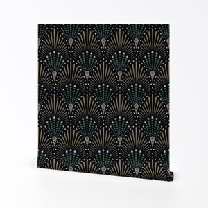 Carta da parati Art Déco - Ventaglio Art Déco di Sveta Aho - Rotolo di carta da parati autoadesiva rimovibile glamour con motivi flapper neri anni '20 di Spoonflower