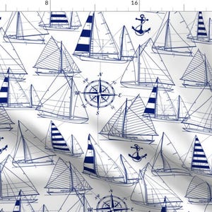 Sailboats Blue Print Fabric - Sailboats - Navy On White By Mirabelleprint - Nautical Baby Boy Cotton Fabric By The Yard With Spoonflower