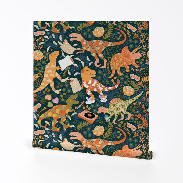 Dinosaurs Wallpaper - Large Scale Dino Pajama Party By Honoluludesigns - Custom Printed Removable Adhesive Wallpaper Roll by Spoonflower