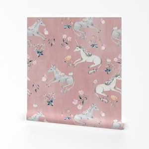 Pink Unicorn Wallpaper - Large Unicorn by flora&bear - Blush Pink Horse Flower Nursery Removable Peel and Stick Wallpaper by Spoonflower