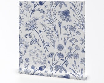 Botanical Wallpaper - Wild Flowers By Olgakorneeva - Blue White Toile Chinoiserie Removable Self Adhesive Wallpaper Roll by Spoonflower