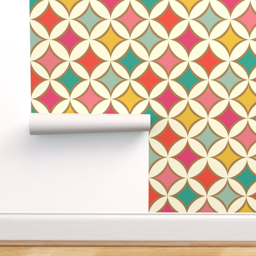 Removable Water-Activated Wallpaper Retro Circles Mid Century Modern Geometric Removable Water-Activated Wallpaper Retro Circles Mid Century Modern Geometric