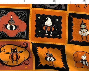 Vintage Style Fabric - Halloween Patchwork by johannaparkerdesign - Patchwork Frankenstein Spider Ghost Fabric by the Yard by Spoonflower