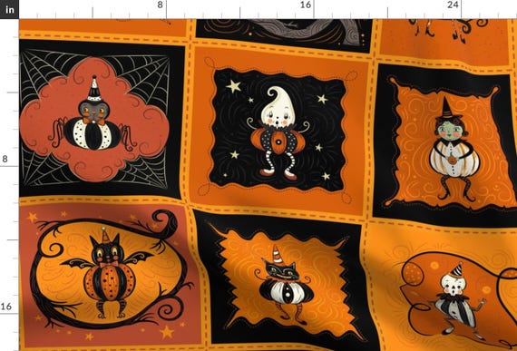 Vintage Style Fabric - Halloween Patchwork by johannaparkerdesign - Patchwork Frankenstein Spider Ghost Fabric by the Yard by Spoonflower