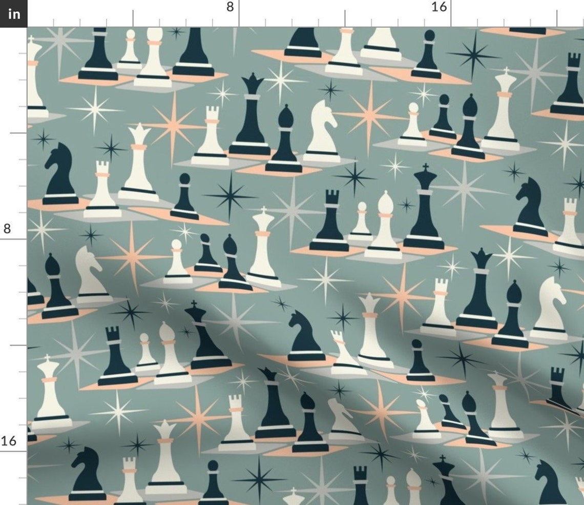 Chess Fabric Checkmate By Jjtrends Mint Blue Games Kings | Etsy