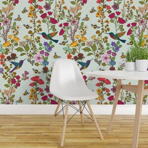 Victorian Peel and Stick Wallpaper - Hummingbird Garden Traditional - Removable Wall Decor Art - Hummingbird And Bee by ceciliamok