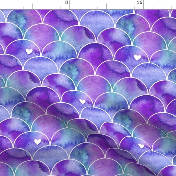 Mermaid Fabric - Watercolor Mermaid Scales by suzzincolour - Under The Sea Watercolor Scallops Love Heart Fabric by the Yard by Spoonflower