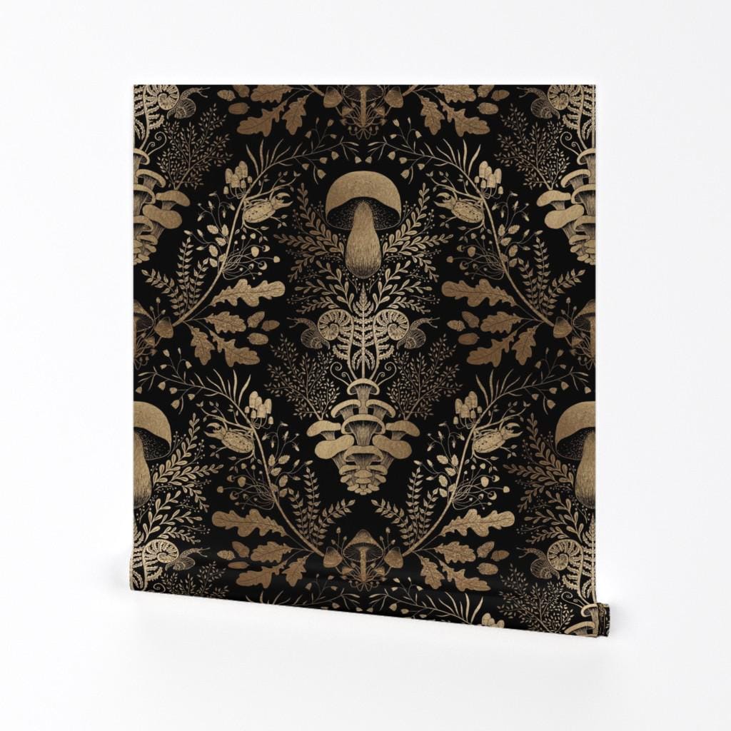 Damask Removable Peel and Stick Wallpaper - Mushroom Gold Black Snail Fern Leaves - Wall Art Wall Decor - Mushroom Forest by denesannadesign