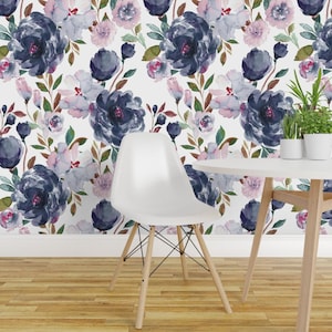 Romantic Floral Peel and Stick Wallpaper - Navy Botanical Feminine Meadow - Removable Wall Decor Art - Midnight Peonies by indybloomdesign image 1
