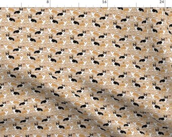May include: A seamless pattern featuring a repeating design of black and white corgis with brown spots, holding coffee cups, on a light brown background.