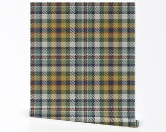 Bayeuxpalette Wallpaper - Buff Green Navy Plaid By Eclectic House - Custom Printed Removable Self Adhesive Wallpaper Roll by Spoonflower