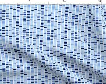 May include: A blue and white fabric with a repeating pattern of DNA strands. The pattern is made up of vertical lines with different lengths of blue and white segments.