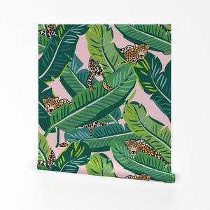 Banana Leaf Wallpaper - 21&quot; Cheetah Tropical Leaves By Shopcabin - Pink Green Summer Removable Self Adhesive Wallpaper Roll by Spoonflower