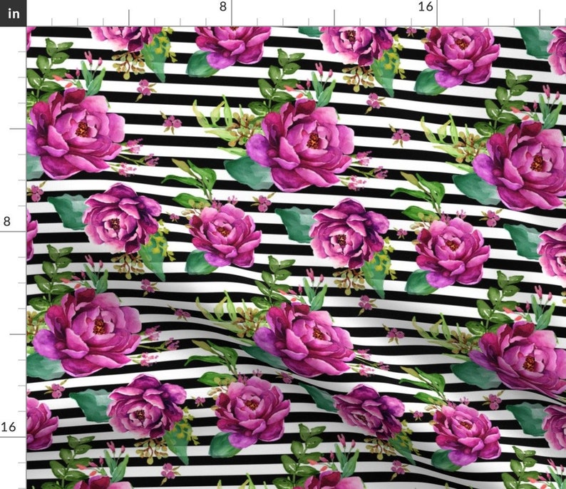 Roses and Stripes Fabric pink Sunrise Black and White Stripes Etsy
