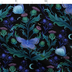 Art Nouveau Fabric - Dark Thistle by episodic_drawing - Moody Floral Witchy Thistle Insects Botany Magical Fabric by the Yard by Spoonflower