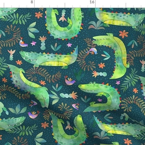 Crocodile Fabric - Big Crocodile And Little Bird by ringele - Green Jungle Animals Tropical Kids Nursery Fabric by the Yard by Spoonflower