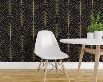 Art Deco Wallpaper - Floral Burst Gold On Charcoal By Anvil Studio - Custom Printed Removable Self Adhesive Wallpaper Roll by Spoonflower