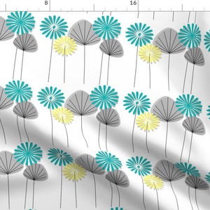 May include: A seamless pattern featuring stylized teal blue flowers with gray leaves and yellow centers on a white background.