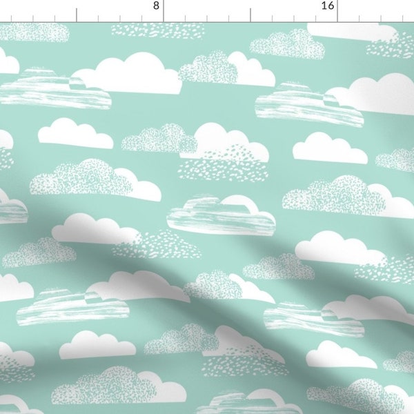 Mint Green Fabric - Clouds Mint By Charlotte Winter - Mint Cotton Fabric By The Yard With Spoonflower