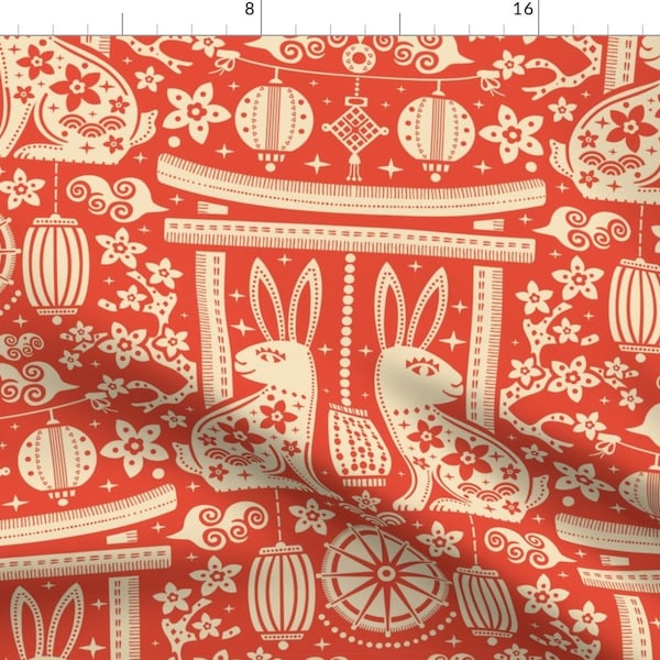 Rabbit Year Fabric - Chinese New Year 2023 by simplulina - Asia Traditions Chinese China Rabbits Lanterns Fabric by the Yard by Spoonflower