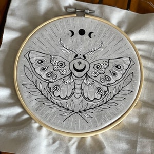 Moth Embroidery Template on Cotton Moon Luna Moth By Moonflora Art Boho Embroidery Pattern for 6 Hoop Custom Printed by Spoonflower image 3