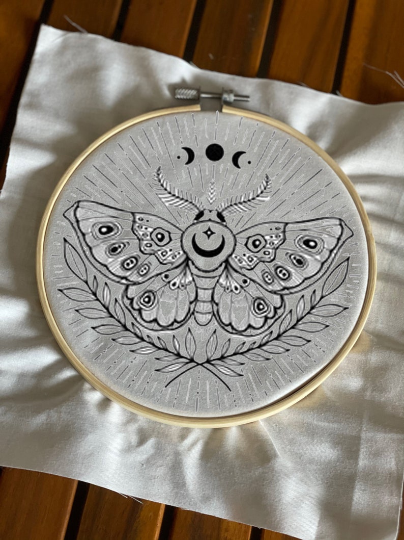 Moth Embroidery Template on Cotton Moon Luna Moth By Moonflora Art Boho Embroidery Pattern for 6 Hoop Custom Printed by Spoonflower image 3