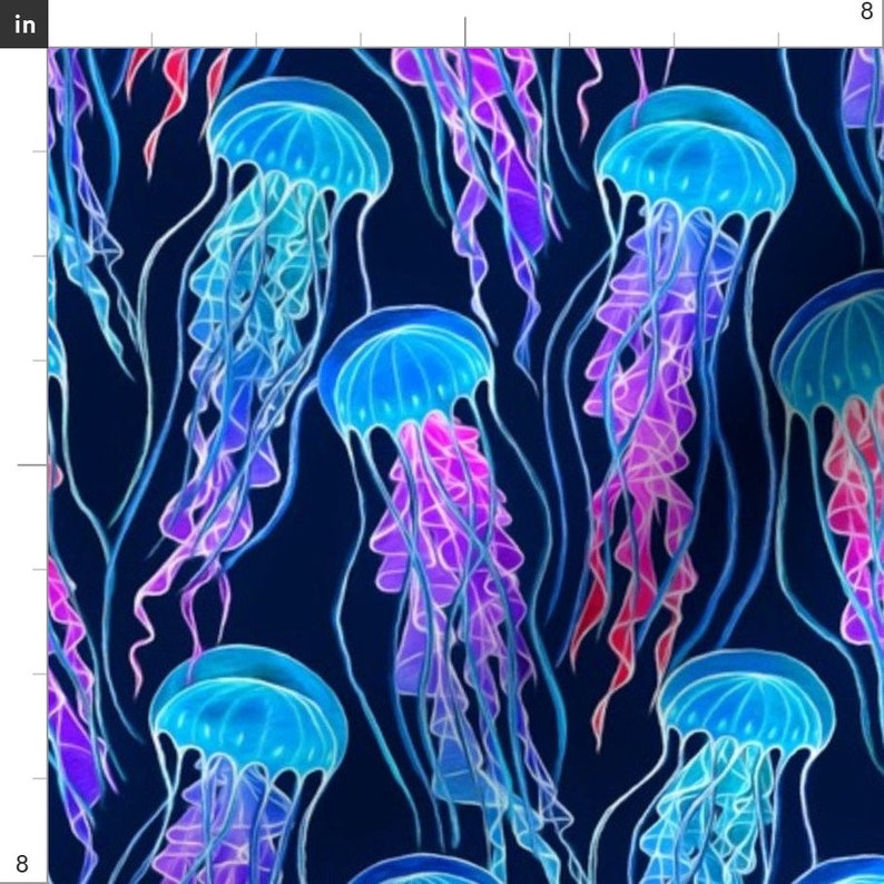 Jellyfish Fabric Luminescent Rainbow Jellyfish on Navy Blue Etsy