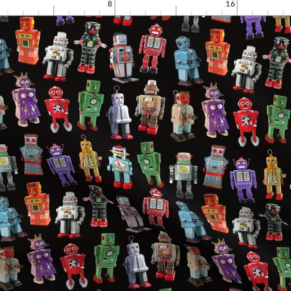 Vintage Robots Fabric - Vintage Toy Robots - Small Black By Rawbonestudio Colorful Retro Bots - Cotton Fabric By The Yard With Spoonflower