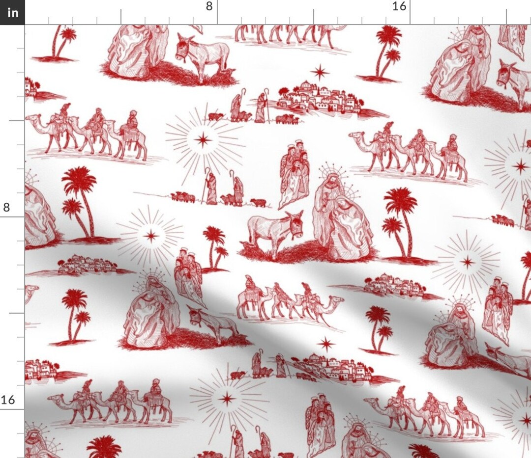 Red Nativity Toile Fabric Nativity Toile by 3rittanylane Holiday