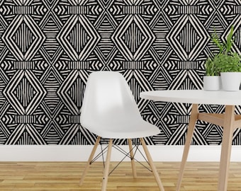 Geo Wallpaper - Tribal Geometric Bw Rotate By Crystal Walen - Geo Black Custom Printed Removable Self Adhesive Wallpaper Roll by Spoonflower