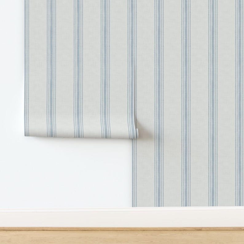 Blue Ticking Stripe Peel and Stick Wallpaper - French Farmhouse Country Rustic - Removable Wall Decor Art - French Provincial by kittenlane image 4