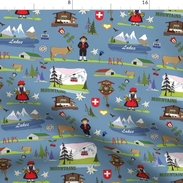 Swiss Blue Landscape Fabric - Blue Swiss Alpine By Peppermintpatty - Swiss European Village Cotton Fabric By The Yard With Spoonflower