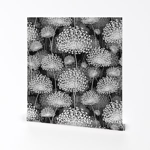 Carta da parati con denti di leone - Denti di leone bianchi e neri grandi di Chicca Besso - Rotolo di carta da parati autoadesiva rimovibile stampata personalizzata di Spoonflower