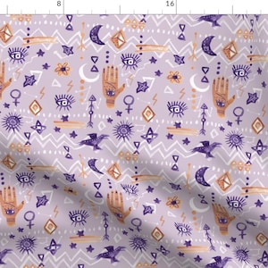 Purple Yellow Mystic Fabric - Mystic Eye Hand Purple Stars Moon By Fromtheartstudio - Mystic Cotton Fabric By The Yard With Spoonflower