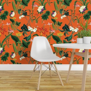 Floral Wallpaper - Vintage Floral Orange By Bruxamagica - Vintage Floral Custom Printed Removable Adhesive Wallpaper Roll by Spoonflower image 1