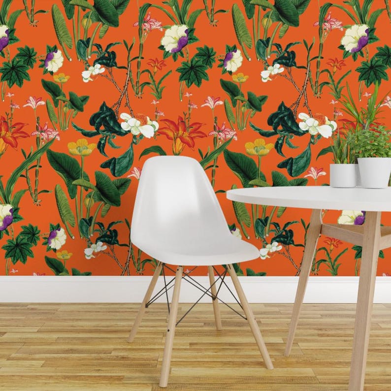 Floral Wallpaper - Vintage Floral Orange By Bruxamagica - Vintage Floral Custom Printed Removable Adhesive Wallpaper Roll by Spoonflower image 1