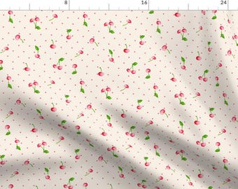 Cherry Polka Dots Fabric - Larageorgine Vintage Cherry Polka By Larageorgine - Cherry Polka Dots Cotton Fabric By The Yard With Spoonflower