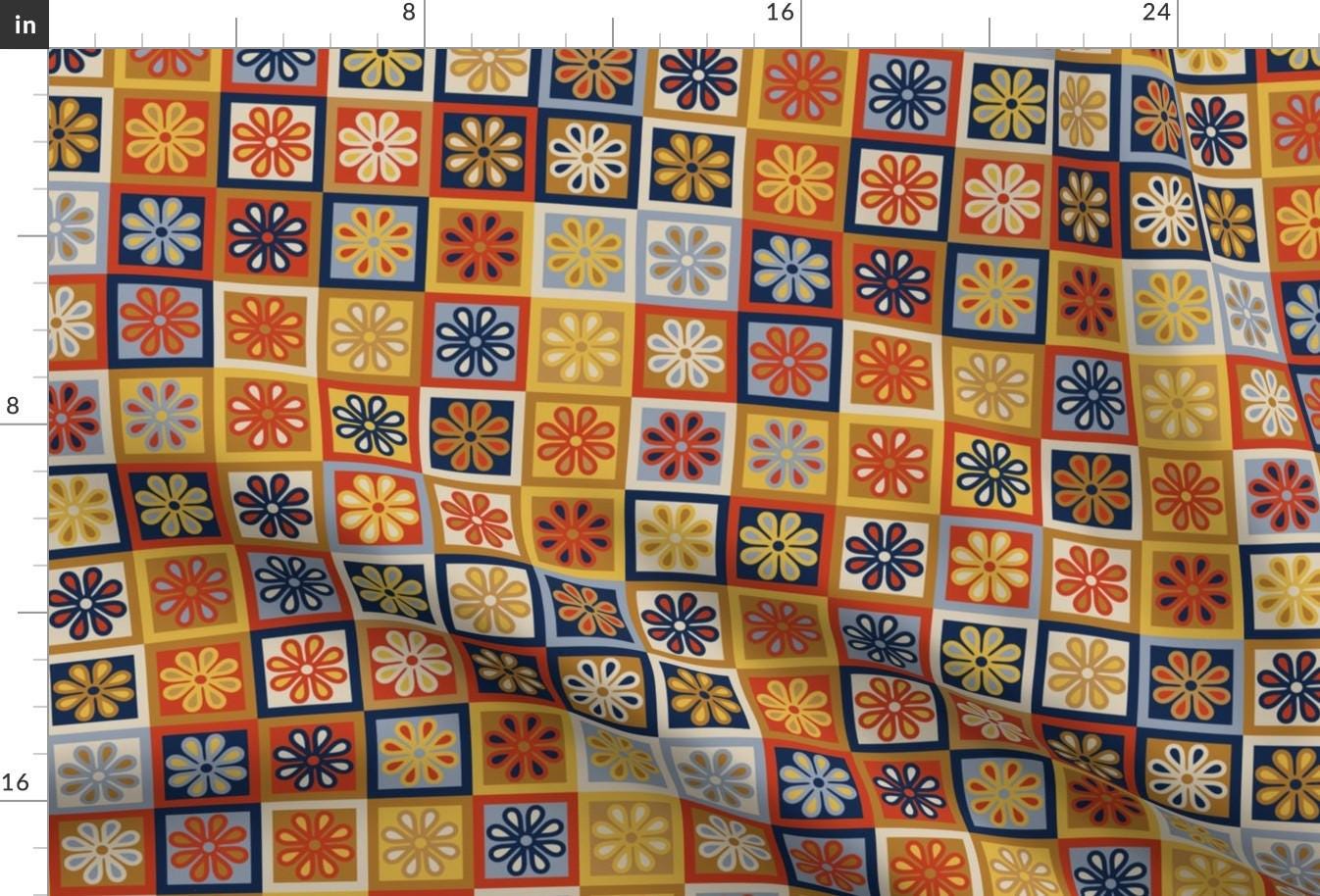 Patchwork Fabric - Flower Checkerboards by carrie_cantwell - Retro Vintage 1970s Autumn Fall Orange Blue Fabric by the Yard by Spoonflower