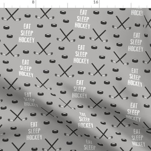 Hockey Fabric - Eat Sleep Hockey - Monochrome On Gray By Littlearrowdesign - Hockey Monochrome Cotton Fabric By The Yard With Spoonflower