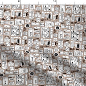 May include: A seamless pattern featuring a variety of coffee-related illustrations, including coffee cups, coffee beans, coffee makers, and coffee grinders. The illustrations are in black and white on a light brown background.