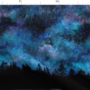 Space Constellations Fabric - Starry Night - Forest Silhouette By Rebecca Reck Art - Night Sky Cotton Fabric By The Yard With Spoonflower