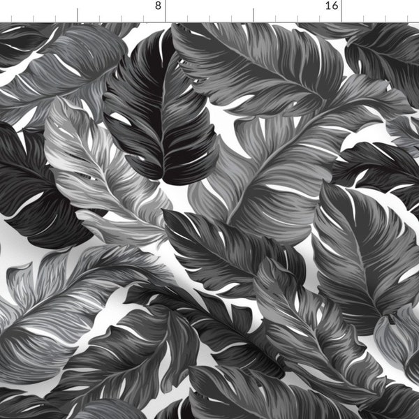 Tropical Leaves Fabric - Black And White Tropical Leaves Banana Leaves On White By Khaus - Tropical Leaves Black Fabric With Spoonflower