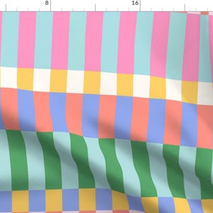 Bright Retro Check Fabric - Checkered Bright by cafelab - Geometric Stripe Chunky Check Blue Pink Fabric by the Yard by Spoonflower